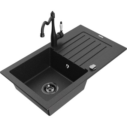 Mexen Pablo, granitový drez 752x436x161 mm, 1-komorový a drezová batéria Carla, čierna-strieborná metalíza, 6510-73-670700-70-B