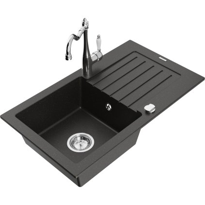 Mexen Pablo, granitový drez 752x436x161 mm, 1-komorový a drezová batéria Carla, čierna-zlatá metalíza, 6510-75-670700-00