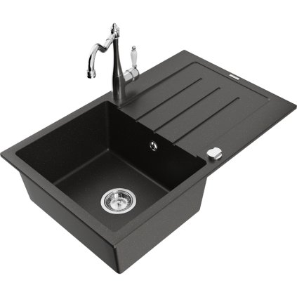Mexen Bruno, granitový drez 795x495x200 mm, 1-komorový a drezová batéria Carla, čierna-zlatá metalíza, 6513-75-670700-00