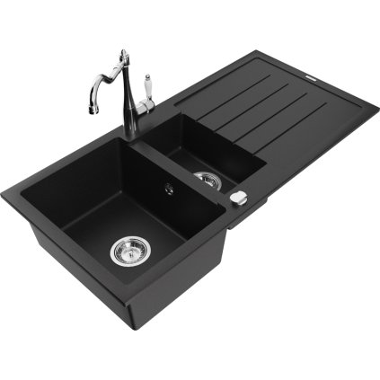 Mexen Andres, granitový drez 1000x500x200 mm, 1,5-komorový a drezová batéria Carla, čierna, 6515-77-670700-00
