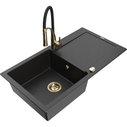 Mexen Leo, granitový drez 900x500x190 mm, 1-komorový a drezová batéria Aster, čierna-strieborná metalíza, 6501-73-73450-57-G