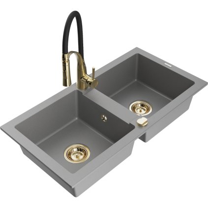 Mexen Mario, granitový drez 820x436x161 mm, 2-komorový a drezová batéria Aster, šedá, 6504-71-73450-57-G