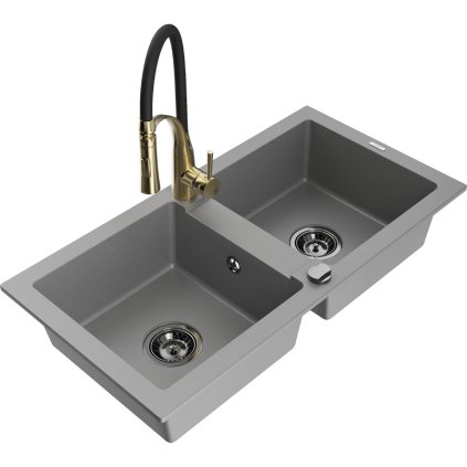 Mexen Mario, granitový drez 820x436x161 mm, 2-komorový a drezová batéria Aster, šedá, 6504-71-73450-57-B