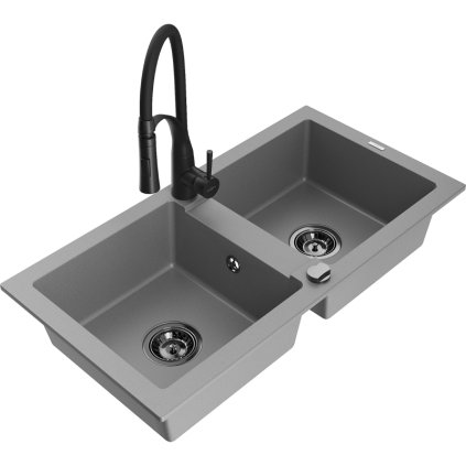 Mexen Mario, granitový drez 820x436x161 mm, 2-komorový a drezová batéria Aster, šedá, 6504-71-73450-70-B