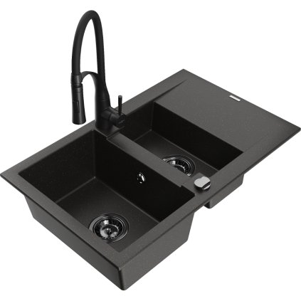 Mexen Gaspar, 1,5-komorový granitový drez 737x475x177 mm a drezová batéria Aster, čierna-zlatá metalíza, 6507-75-73450-70-B