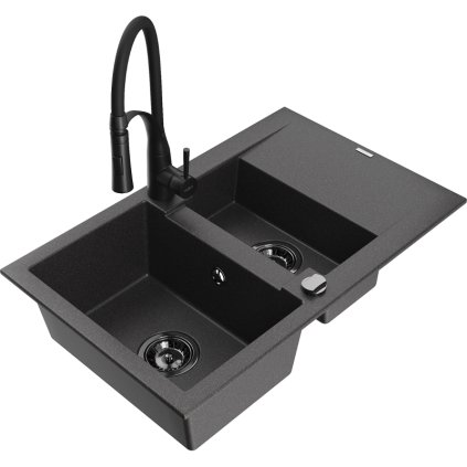 Mexen Gaspar, 1,5-komorový granitový drez 737x475x177 mm a drezová batéria Aster, čierna škvrnitá, 6507-76-73450-70-B