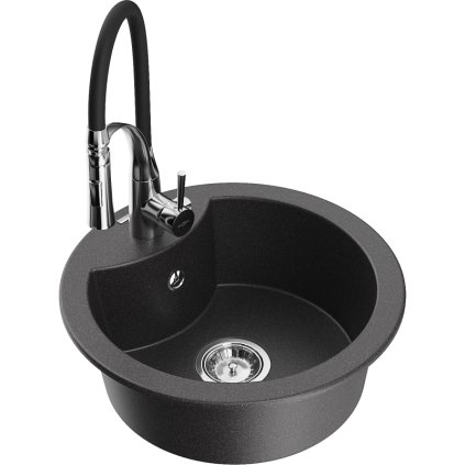 Mexen Diego, 1-komorový granitový drez 488x488x167 mm a drezová batéria Aster, čierna škvrnitá, 6512-76-73450-07
