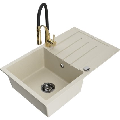Mexen Bruno, 1-komorový granitový drez 795x495x200 mm a drezová batéria Aster, béžová, 6513-69-73450-57-B