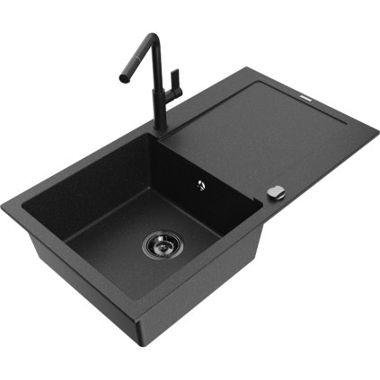 Mexen Leo, 1-komorový granitový drez 900x500x190 mm a drezová batéria Flora, čierna-strieborná metalíza, 6501-73-670401-70-B