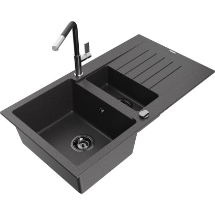 Mexen Matias, 1,5-komorový granitový drez 900x505x200 mm a drezová batéria Flora, čierna škvrnitá, 6502-76-670401-07-B