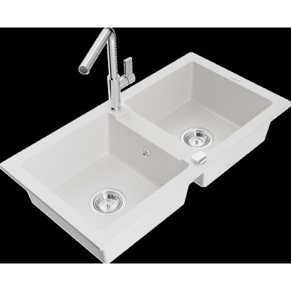 Mexen Mario, 2-komorový granitový drez 820x436x161 mm a drezová batéria Flora, biela, 6504-20-670401-00