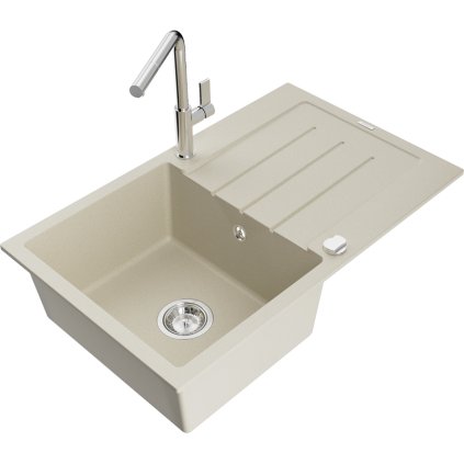 Mexen Bruno, 1-komorový granitový drez 795x495x200 mm a drezová batéria Flora, béžová, 6513-69-670401-00