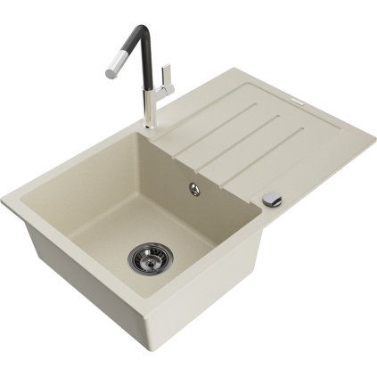 Mexen Bruno, 1-komorový granitový drez 795x495x200 mm a drezová batéria Flora, béžová, 6513-69-670401-07-B