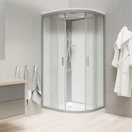 Mereo, Sprchový box, štvrťkruh, so strieškou, s vaničkou, satin ALU, sklo Point, zadne steny biele, MER-CK35172KBSW