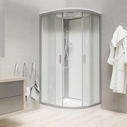 Mereo, Sprchový box, štvrťkruh, so strieškou, s vaničkou, satin ALU, sklo Point, zadne steny biele, MER-CK35172KMSW