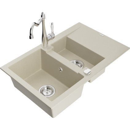 Mexen Gaspar, 1,5-komorový granitový drez 737x475x177 mm a drezová batéria Carla, béžová, 6507-69-670700-00