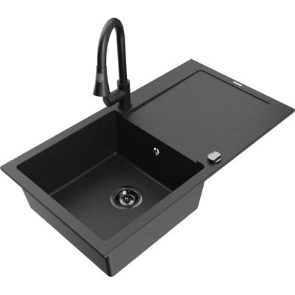 Mexen Leo, 1-komorový granitový drez 900x500x190 mm a drezová batéria Elia, čierna-strieborná metalíza, 6501-73-670101-70-B