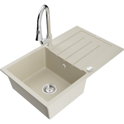 Mexen Bruno, 1-komorový granitový drez 795x495x200 mm a drezová batéria Elia, béžová, 6513-69-670101-00