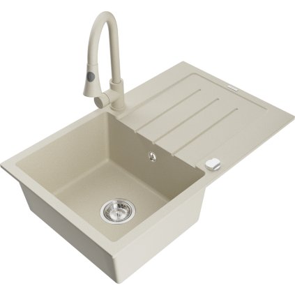 Mexen Bruno, 1-komorový granitový drez 795x495x200 mm a drezová batéria Elia, béžová, 6513-69-670101-69