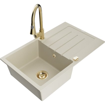 Mexen Bruno, 1-komorový granitový drez 795x495x200 mm a drezová batéria Elia, béžová, 6513-69-670101-50