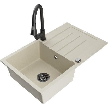 Mexen Bruno, 1-komorový granitový drez 795x495x200 mm a drezová batéria Elia, béžová, 6513-69-670101-70