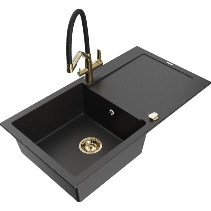 Mexen Leo, 1-komorový granitový drez 900x500x190 mm a drezová batéria Duo, čierna-strieborná metalíza, 6501-73-671701-57-G