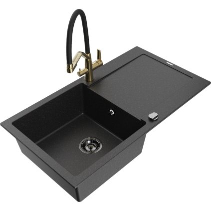 Mexen Leo, 1-komorový granitový drez 900x500x190 mm a drezová batéria Duo, čierna-strieborná metalíza, 6501-73-671701-57-B