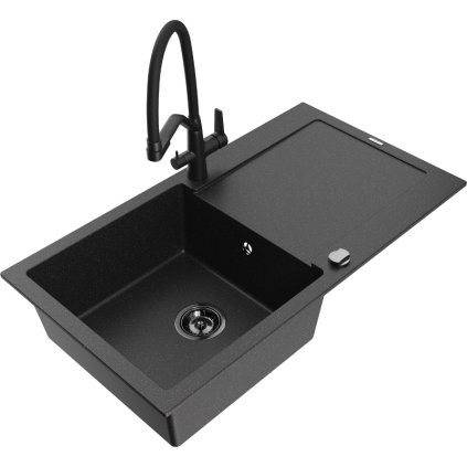 Mexen Leo, 1-komorový granitový drez 900x500x190 mm a drezová batéria Duo, čierna-strieborná metalíza, 6501-73-671701-70-B