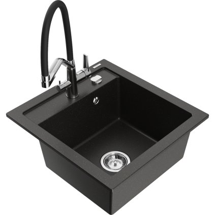 Mexen Vito, 1-komorový granitový drez 520x490x210 mm, drezová batéria Duo, čierna-zlatá metalíza, 6503-75-671701-07