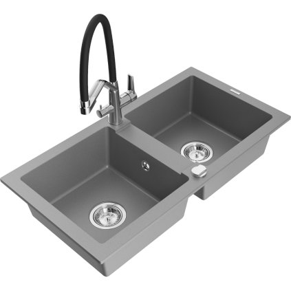Mexen Mario, granitový drez 820x436x161 mm, 2-komorový a drezová batéria Duo, šedá, 6504-71-671701-07