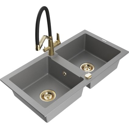 Mexen Mario, granitový drez 820x436x161 mm, 2-komorový a drezová batéria Duo, šedá, 6504-71-671701-57-G