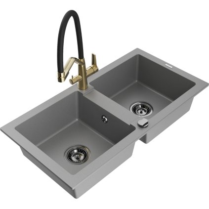 Mexen Mario, granitový drez 820x436x161 mm, 2-komorový a drezová batéria Duo, šedá, 6504-71-671701-57-B
