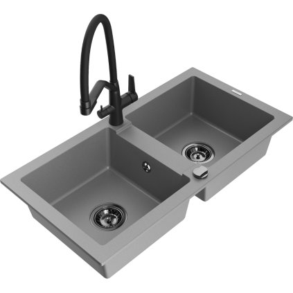Mexen Mario, granitový drez 820x436x161 mm, 2-komorový a drezová batéria Duo, šedá, 6504-71-671701-70-B