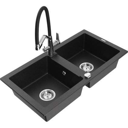Mexen Mario, granitový drez 820x436x161 mm, 2-komorový a drezová batéria Duo, čierna-strieborná metalíza, 6504-73-671701-07