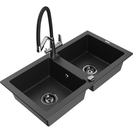 Mexen Mario, granitový drez 820x436x161 mm, 2-komorový a drezová batéria Duo, čierna-strieborná metalíza, 6504-73-671701-07-B