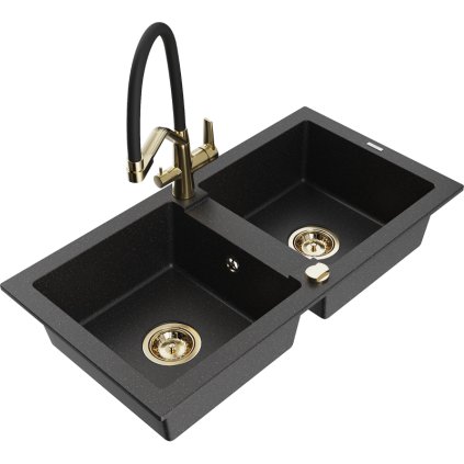 Mexen Mario, granitový drez 820x436x161 mm, 2-komorový a drezová batéria Duo, čierna-strieborná metalíza, 6504-73-671701-57-G