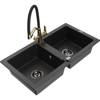 Mexen Mario, granitový drez 820x436x161 mm, 2-komorový a drezová batéria Duo, čierna-strieborná metalíza, 6504-73-671701-57-B