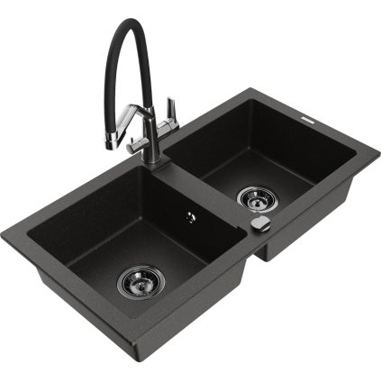 Mexen Mario, granitový drez 820x436x161 mm, 2-komorový a drezová batéria Duo, čierna-zlatá metalíza, 6504-75-671701-07-B