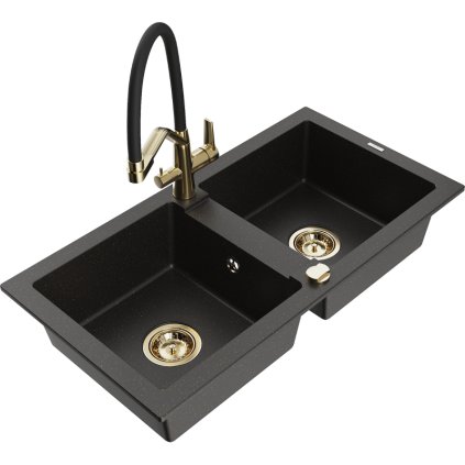 Mexen Mario, granitový drez 820x436x161 mm, 2-komorový a drezová batéria Duo, čierna-zlatá metalíza, 6504-75-671701-57-G