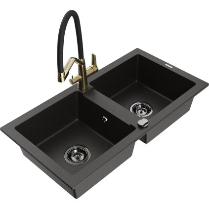 Mexen Mario, granitový drez 820x436x161 mm, 2-komorový a drezová batéria Duo, čierna-zlatá metalíza, 6504-75-671701-57-B