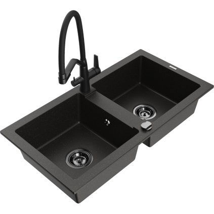 Mexen Mario, granitový drez 820x436x161 mm, 2-komorový a drezová batéria Duo, čierna-zlatá metalíza, 6504-75-671701-70-B