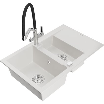 Mexen Gaspar, granitový drez 737x475x177 mm, 1,5-komorový a drezová batéria Duo, biela, 6507-20-671701-07