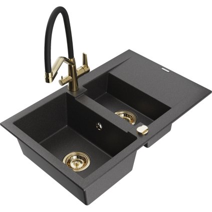 Mexen Gaspar, granitový drez 737x475x177 mm, 1,5-komorový a drezová batéria Duo, čierna škvrnitá, 6507-76-671701-57-G