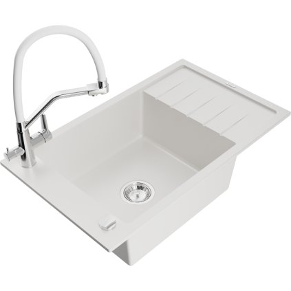 Mexen Elias, 1-komorový granitový drez 795x480x200 mm a drezová batéria Duo, biela, 6511-20-671701-02