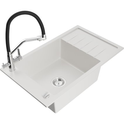 Mexen Elias, 1-komorový granitový drez 795x480x200 mm a drezová batéria Duo, biela, 6511-20-671701-07