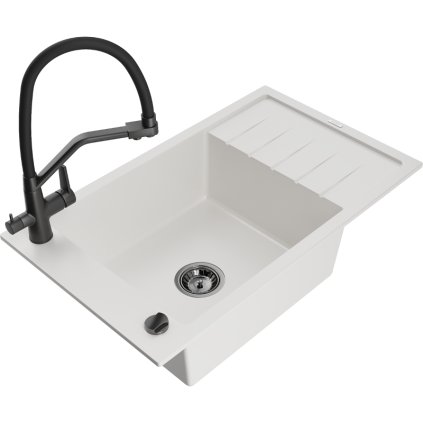 Mexen Elias, 1-komorový granitový drez 795x480x200 mm a drezová batéria Duo, biela, 6511-20-671701-70-B