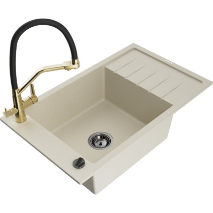 Mexen Elias, 1-komorový granitový drez 795x480x200 mm a drezová batéria Duo, béžová, 6511-69-671701-57-B