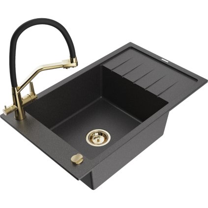 Mexen Elias, 1-komorový granitový drez 795x480x200 mm a drezová batéria Duo, čierna škvrnitá, 6511-76-671701-57-G