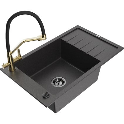Mexen Elias, 1-komorový granitový drez 795x480x200 mm a drezová batéria Duo, čierna škvrnitá, 6511-76-671701-57-B