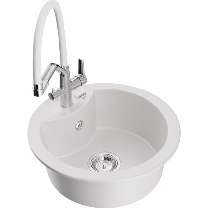 Mexen Diego, 1-komorový granitový drez 488x488x167 mm a drezová batéria Duo, biela, 6512-20-671701-02